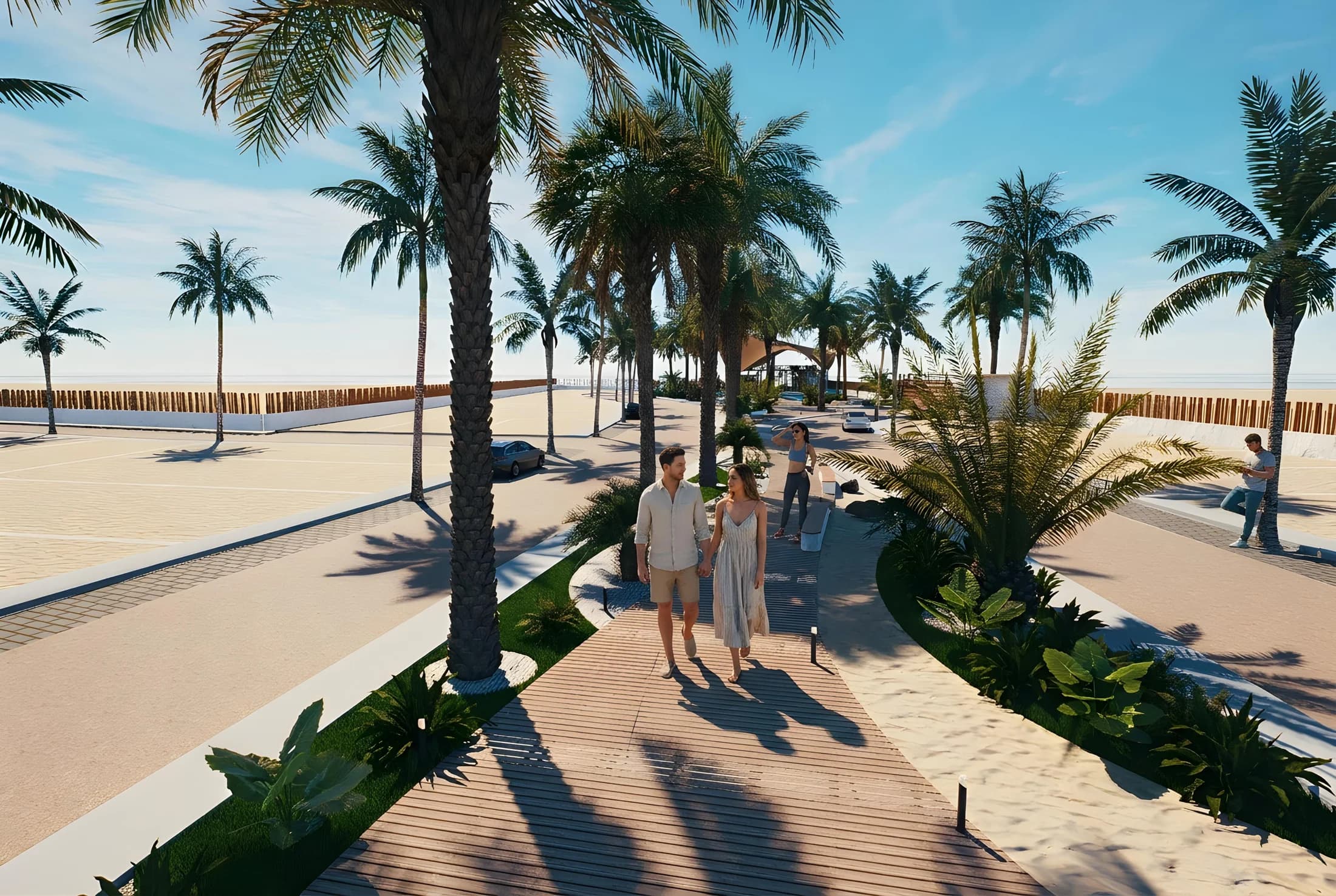 Pareja caminando por el paseo del malecón en Punta Paraíso